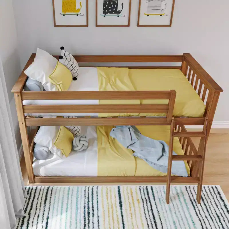 Lit superposé enfant double, lit superposé bas en bois massif avec échelle pour petite pièce