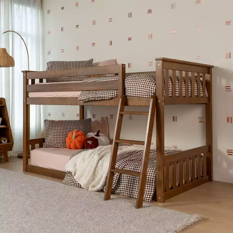 Lit superposé enfant double, lit superposé bas en bois massif avec échelle pour petite pièce