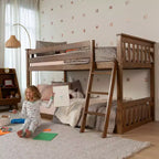 Lit superposé enfant double, lit superposé bas en bois massif avec échelle pour petite pièce