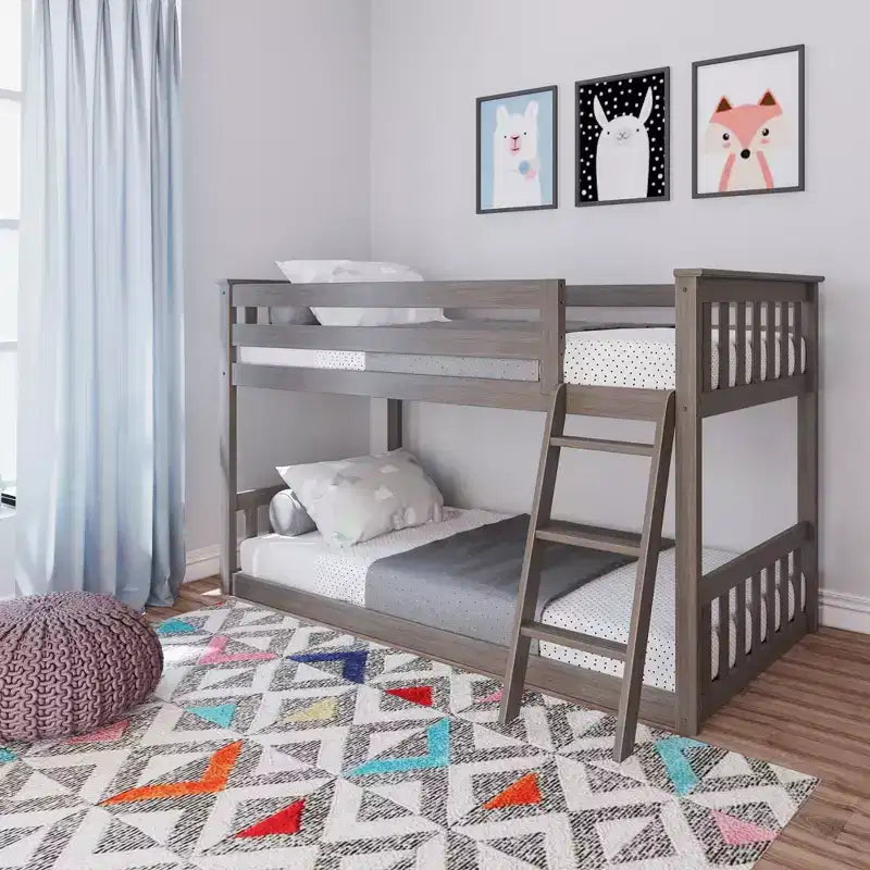 Lit superposé enfant double, lit superposé bas en bois massif avec échelle pour petite pièce