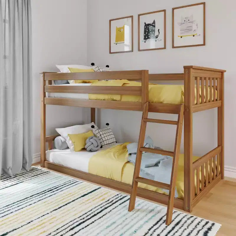 Lit superposé enfant double, lit superposé bas en bois massif avec échelle pour petite pièce