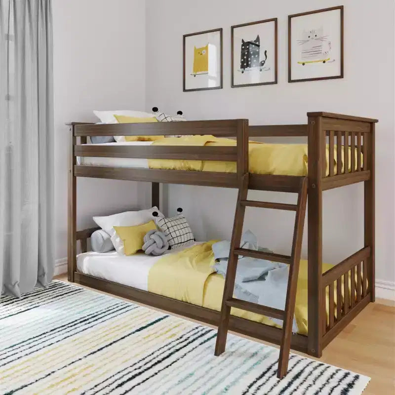 Lit superposé enfant double, lit superposé bas en bois massif avec échelle pour petite pièce