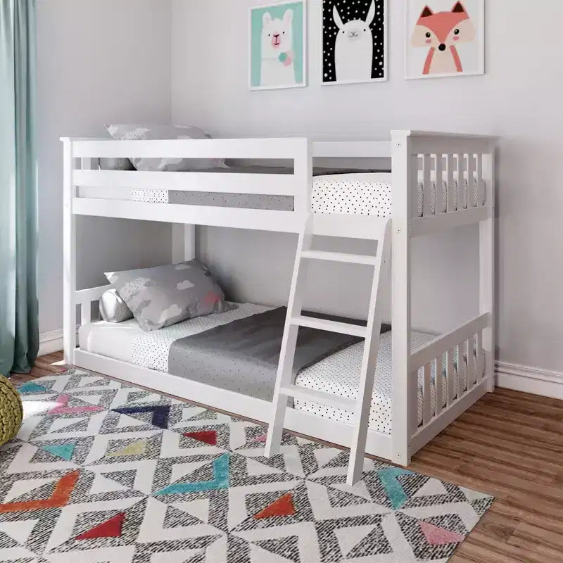 Lit superposé enfant double, lit superposé bas en bois massif avec échelle pour petite pièce