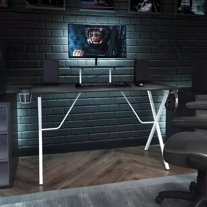 Bureau Gamer avec Porte-Gobelet, Crochet pour Casque et Support pour Moniteur/Smartphone