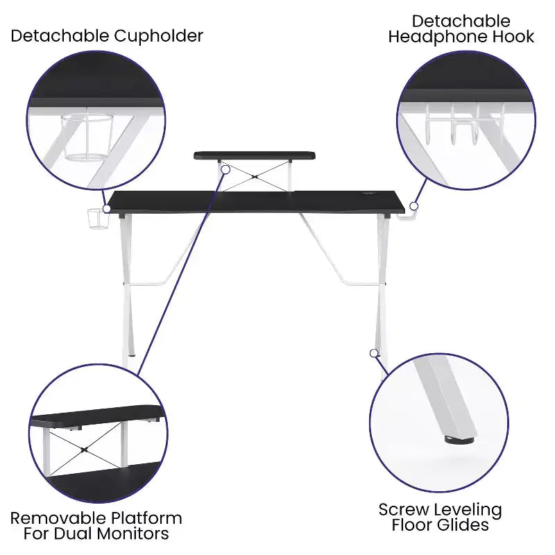 Bureau Gamer avec Porte-Gobelet, Crochet pour Casque et Support pour Moniteur/Smartphone