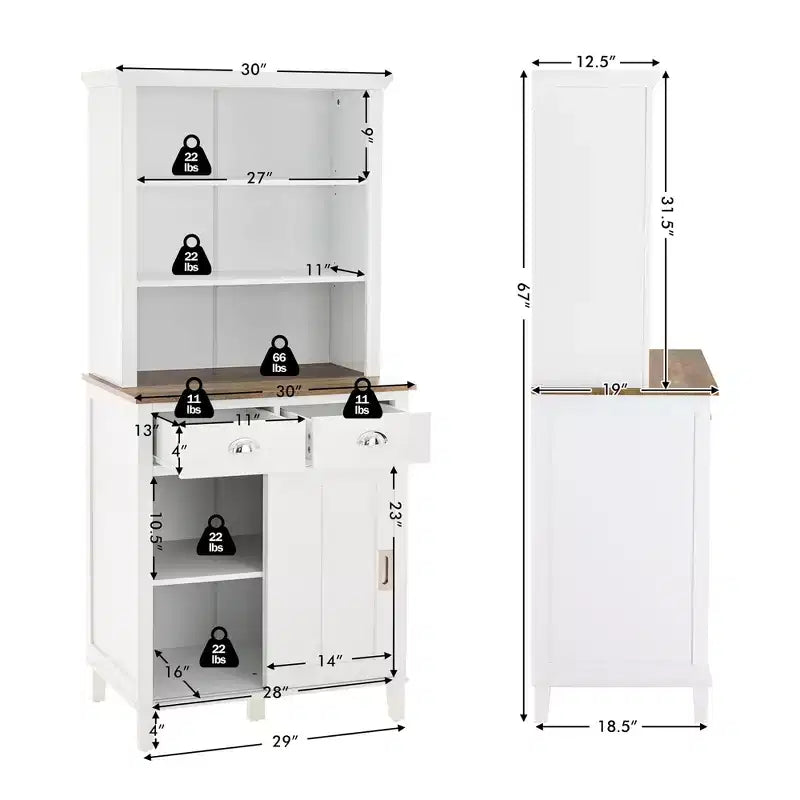 Buffet de cuisine autoportant avec armoire de rangement, portes coulissantes et tiroir