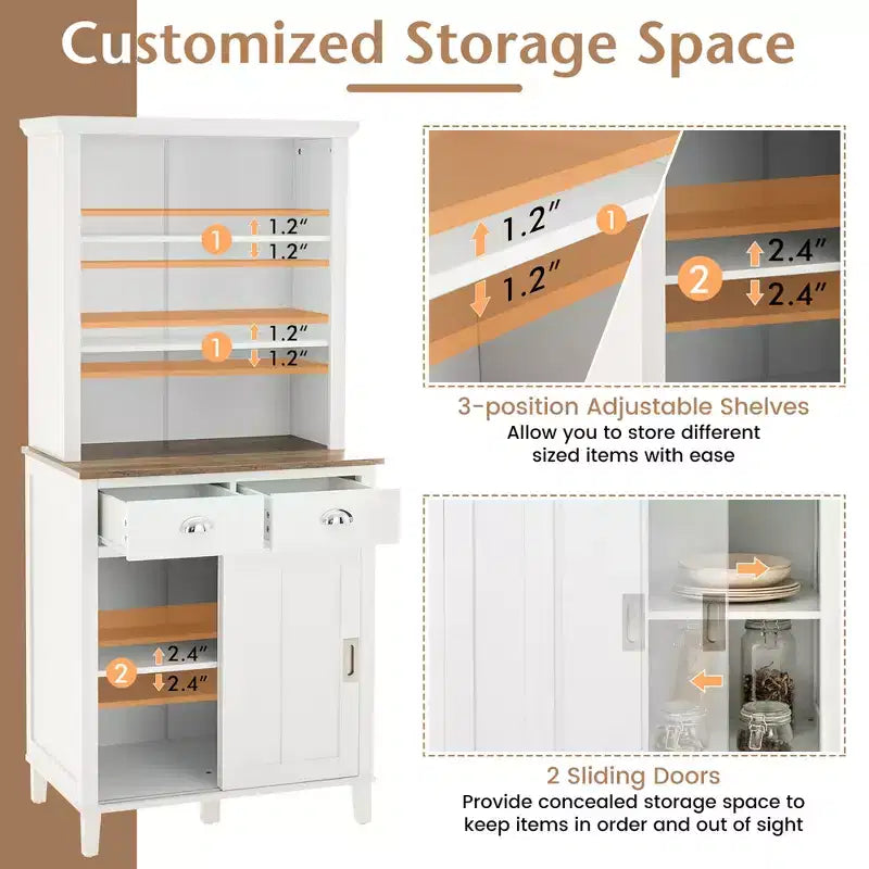 Buffet de cuisine autoportant avec armoire de rangement, portes coulissantes et tiroir