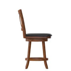Tabouret de bar 24" pivotant en bois avec dossier en croix, hauteur comptoir, assise rembourrée et repose-pieds intégré