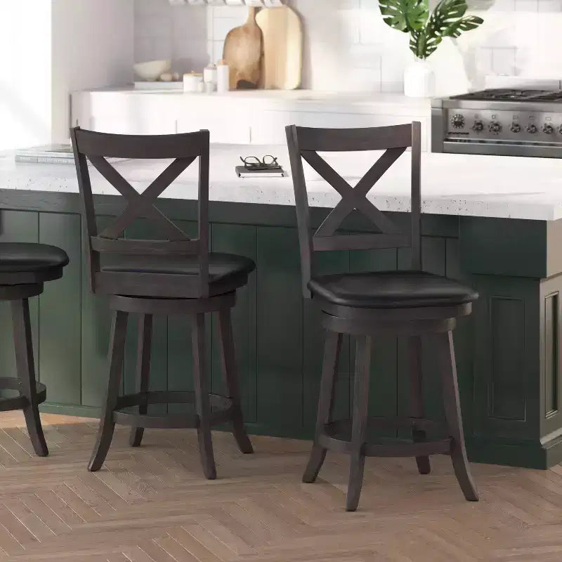 Tabouret de bar 24" pivotant en bois avec dossier en croix, hauteur comptoir, assise rembourrée et repose-pieds intégré