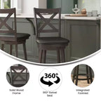 Tabouret de bar 24" pivotant en bois avec dossier en croix, hauteur comptoir, assise rembourrée et repose-pieds intégré