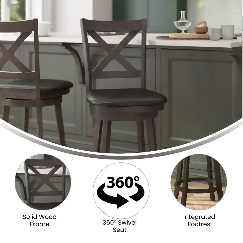 Tabouret de bar 24" pivotant en bois avec dossier en croix, hauteur comptoir, assise rembourrée et repose-pieds intégré