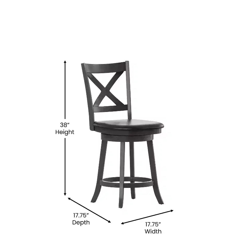 Tabouret de bar 24" pivotant en bois avec dossier en croix, hauteur comptoir, assise rembourrée et repose-pieds intégré