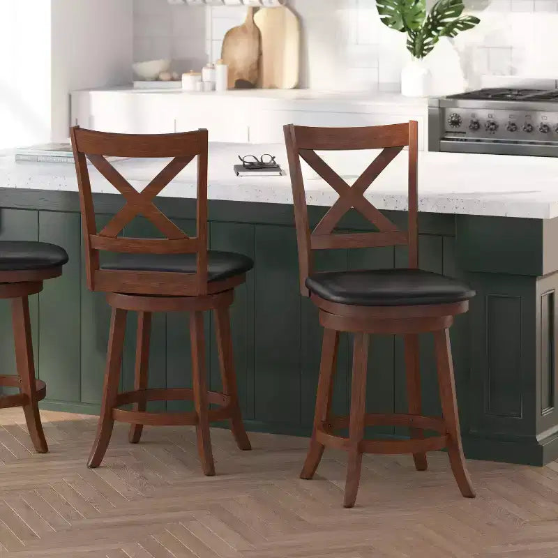 Tabouret de bar 24" pivotant en bois avec dossier en croix, hauteur comptoir, assise rembourrée et repose-pieds intégré