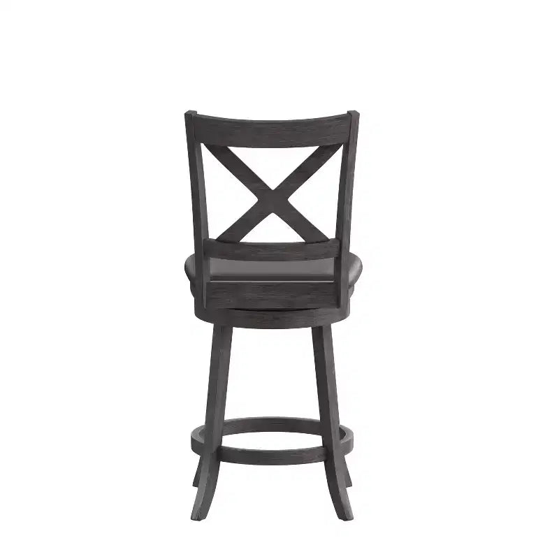 Tabouret de bar 24" pivotant en bois avec dossier en croix, hauteur comptoir, assise rembourrée et repose-pieds intégré