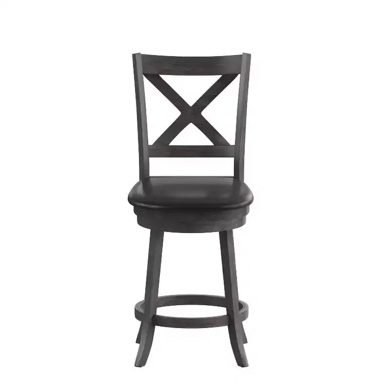 Tabouret de bar 24" pivotant en bois avec dossier en croix, hauteur comptoir, assise rembourrée et repose-pieds intégré