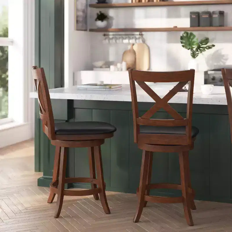 Tabouret de bar 24" pivotant en bois avec dossier en croix, hauteur comptoir, assise rembourrée et repose-pieds intégré