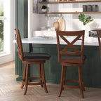 Tabouret de bar 24" pivotant en bois avec dossier en croix, hauteur comptoir, assise rembourrée et repose-pieds intégré
