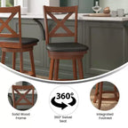 Tabouret de bar 24" pivotant en bois avec dossier en croix, hauteur comptoir, assise rembourrée et repose-pieds intégré