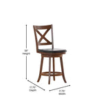 Tabouret de bar 24" pivotant en bois avec dossier en croix, hauteur comptoir, assise rembourrée et repose-pieds intégré