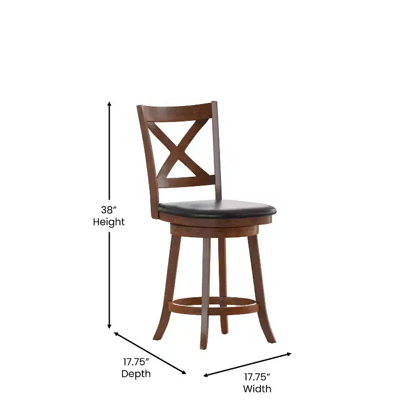 Tabouret de bar 24" pivotant en bois avec dossier en croix, hauteur comptoir, assise rembourrée et repose-pieds intégré