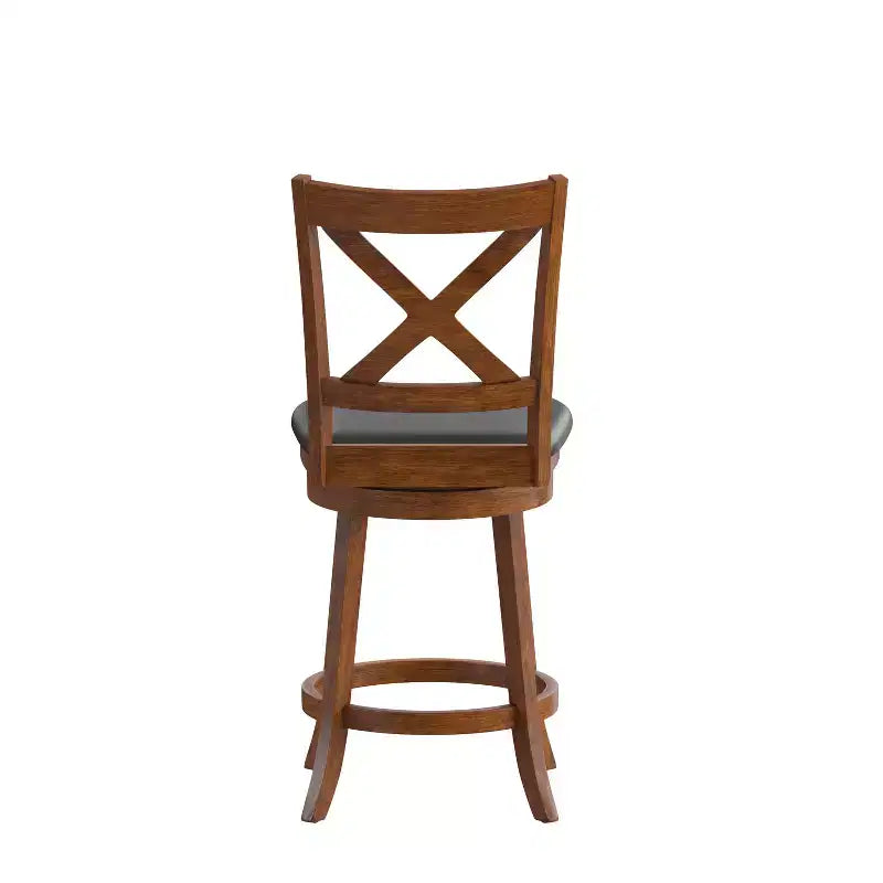 Tabouret de bar 24" pivotant en bois avec dossier en croix, hauteur comptoir, assise rembourrée et repose-pieds intégré