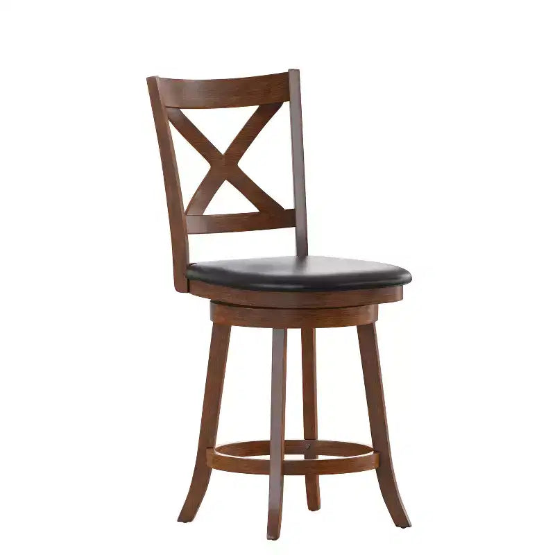 Tabouret de bar 24" pivotant en bois avec dossier en croix, hauteur comptoir, assise rembourrée et repose-pieds intégré