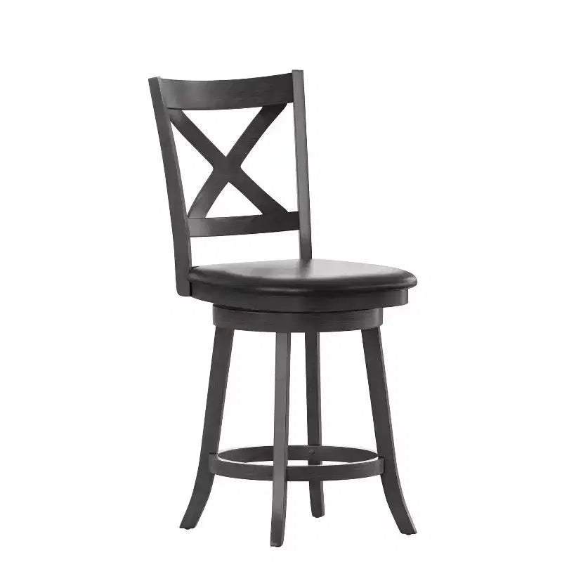 Tabouret de bar 24" pivotant en bois avec dossier en croix, hauteur comptoir, assise rembourrée et repose-pieds intégré