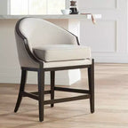 Tabouret de bar Truffle Wood marron de 63,5 cm de haut, avec coussin en tissu moderne couleur avoine, dossier et repose-pieds, pour îlot de cuisine à hauteur de comptoir