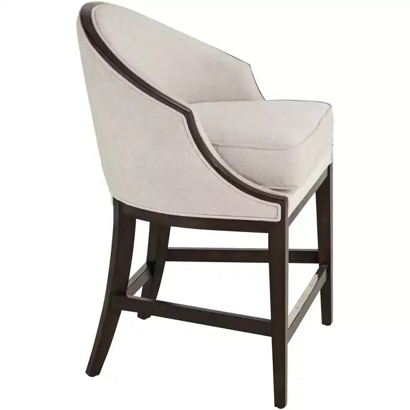 Tabouret de bar Truffle Wood marron de 63,5 cm de haut, avec coussin en tissu moderne couleur avoine, dossier et repose-pieds, pour îlot de cuisine à hauteur de comptoir